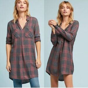 Anthropologie Cloth & Stone Women's Size S Gray Plaid Long Sleeve Shirt Dress